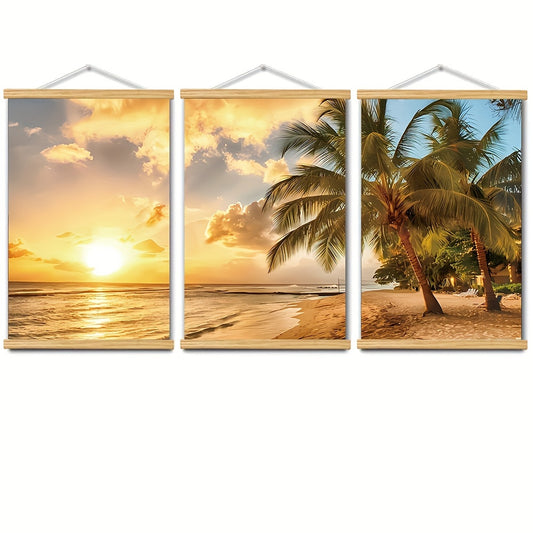 Morning beach Canvas scroll painting  3 panel  40X60cm / 16 X 24 inch