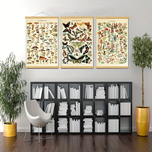 Mushroom Butterfly Flower Painting Canvas scroll painting 3 panel 40X60cm / 16 X 24 inch