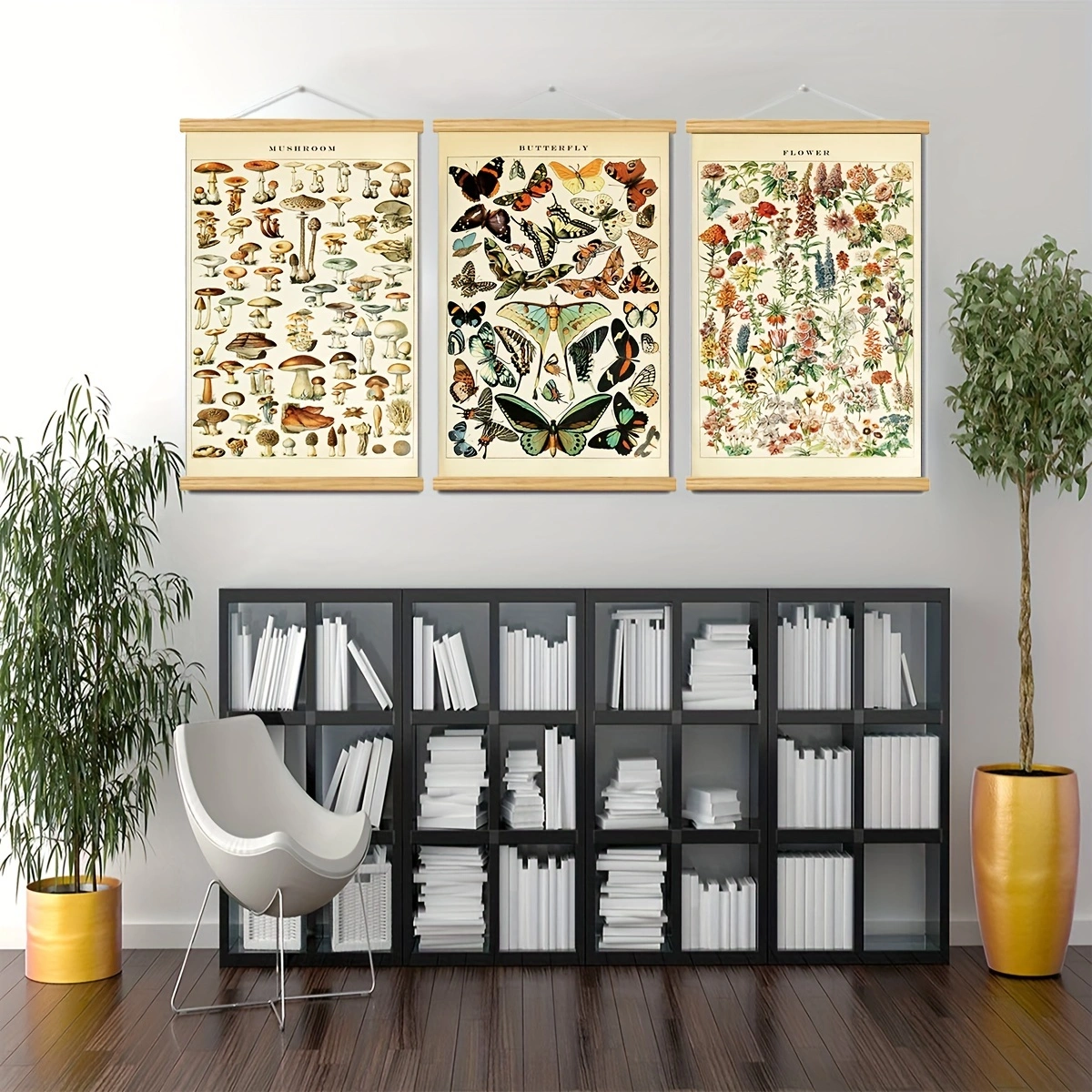 Mushroom Butterfly Flower Painting Canvas scroll painting 3 panel 40X60cm / 16 X 24 inch